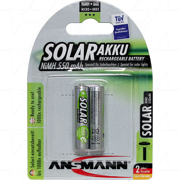 A pack of two Ansmann rechargeable AAA batteries in packaging