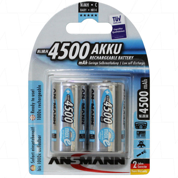 A pack of two Ansmann rechargeable C batteries in packaging.