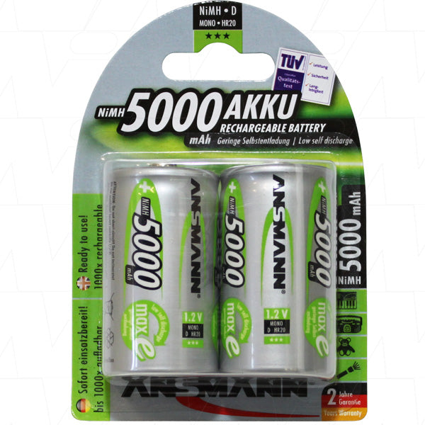 Pack of two Ansmann rechargeable D batteries in packaging, highlighting 5000 mAh capacity and 1000 recharge cycles.
