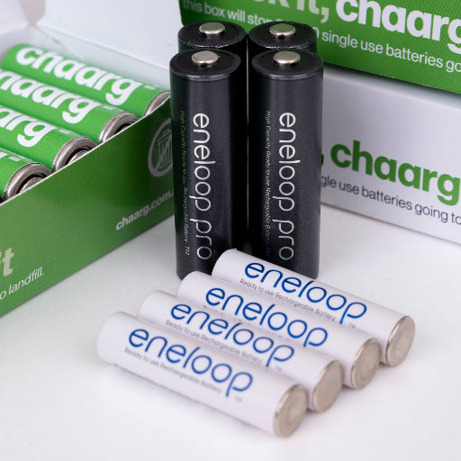 A gift card for Chaarg batteries, displaying the brand name,  presented with a box of batteries in the background.