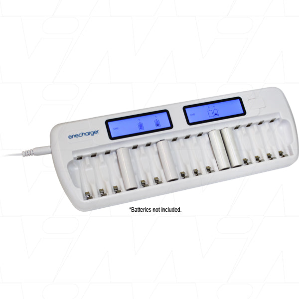 A white enecharger battery quick charger with individual LCD displays for 16 AA/AAA NiMH batteries, including a blue power indicator and a white USB cable attached.