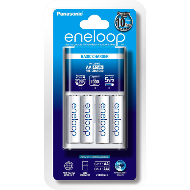 Packaging of Panasonic Eneloop Standard 10 Hour Charger with 4 AA rechargeable batteries
