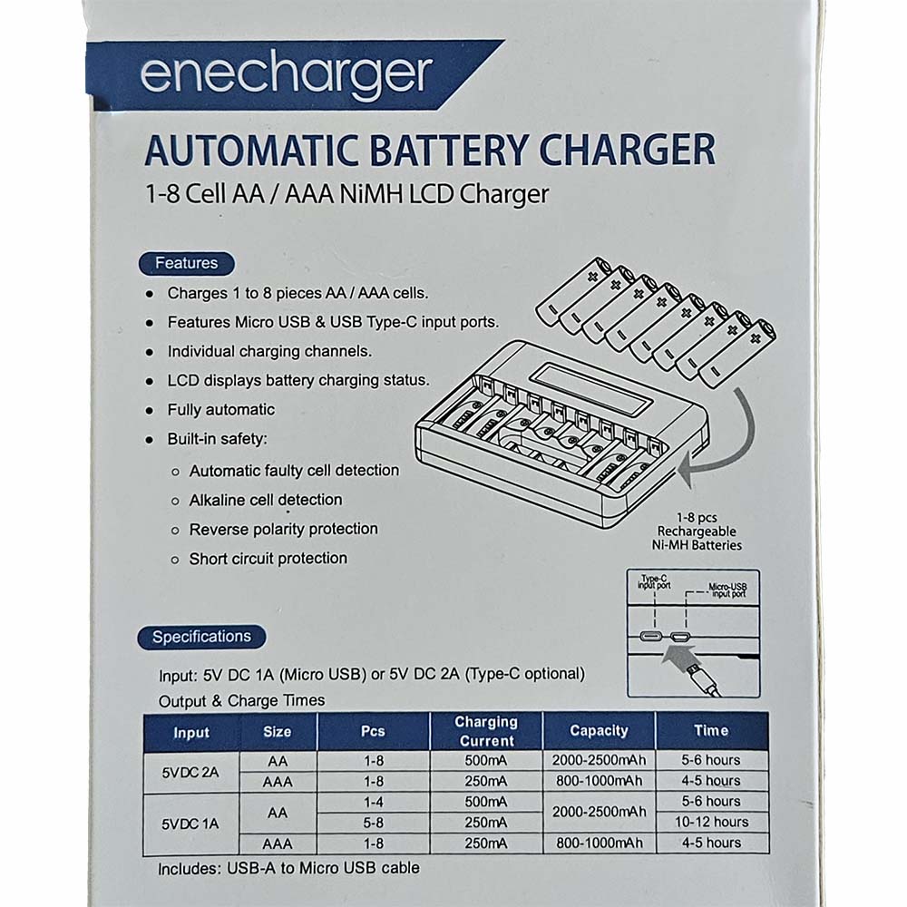 back of packaging for enecharger rechargeable battery charger including specifications