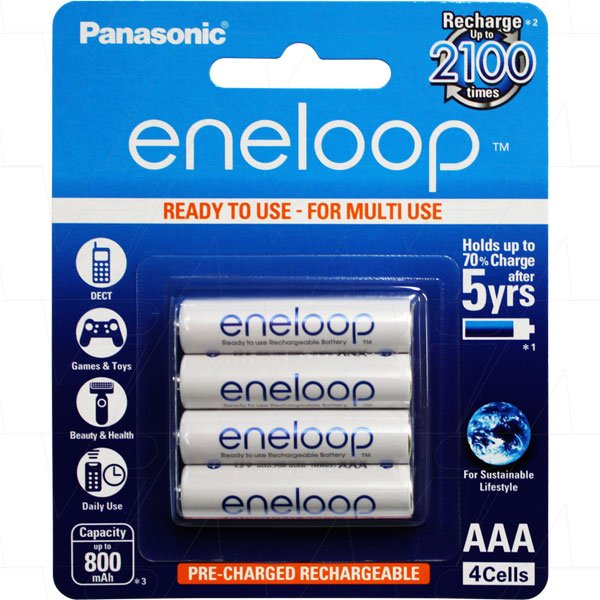 eneloop AAA rechargeable batteries. Pack of four shown