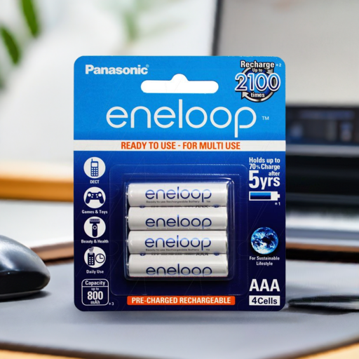 Pack of Panasonic eneloop AAA rechargeable batteries on a desk with office items in the background