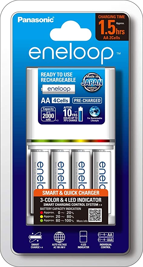 Eneloop Smart & Quick Charger with 4 AA Rechargeable Batteries